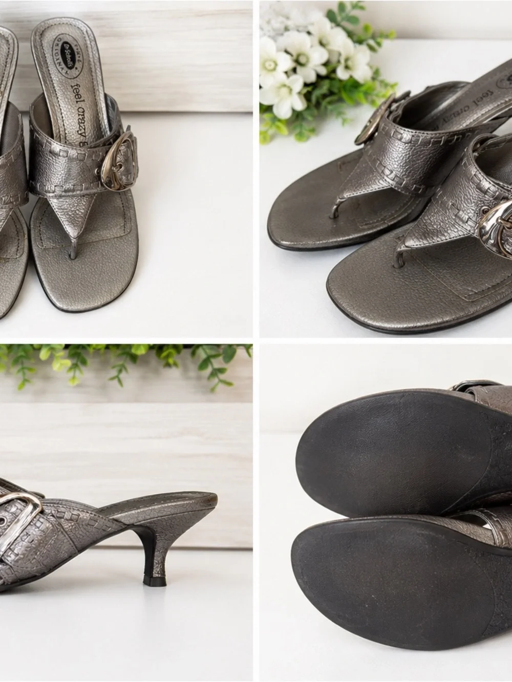 Dr. Scholl's Silver Metallic Thong Wedge Mules with Buckle